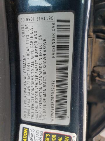 WVWAE63B75P022212 - 2005 VOLKSWAGEN PASSAT GLS BLUE photo 10