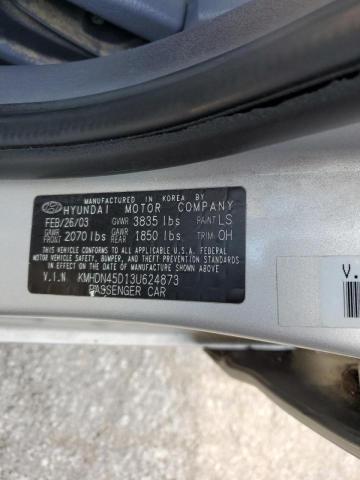 KMHDN45D13U624873 - 2003 HYUNDAI ELANTRA SILVER photo 10