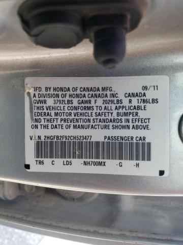 2HGFB2F92CH523477 - 2012 HONDA CIVIC EXL 银色 照片 10