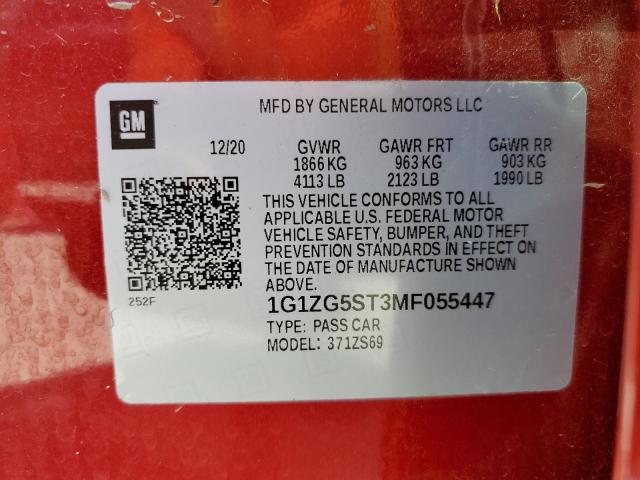 1G1ZG5ST3MF055447 - 2021 CHEVROLET MALIBU RS RED photo 10