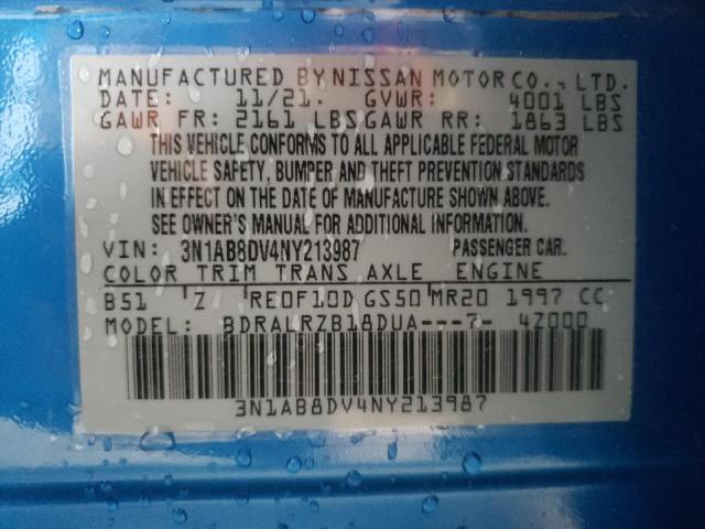 3N1AB8DV4NY213987 - 2022 NISSAN SENTRA SR BLUE photo 10