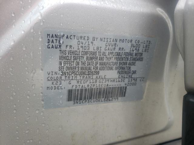 3N1CP5CU0KL526299 - 2019 NISSAN KICKS S SILVER photo 10