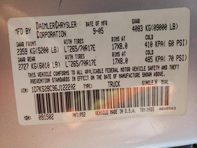 1D7KS28C96J122202 - 2006 DODGE RAM 2500 S Արծաթագույն լուսանկար 10