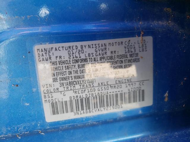 3N1AB8CVXLY215001 - 2020 NISSAN SENTRA SV BLUE photo 10