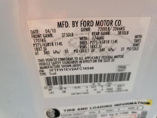 1FTFW1EV2AFC16546 - 2010 FORD F150 SUPER WHITE photo 10