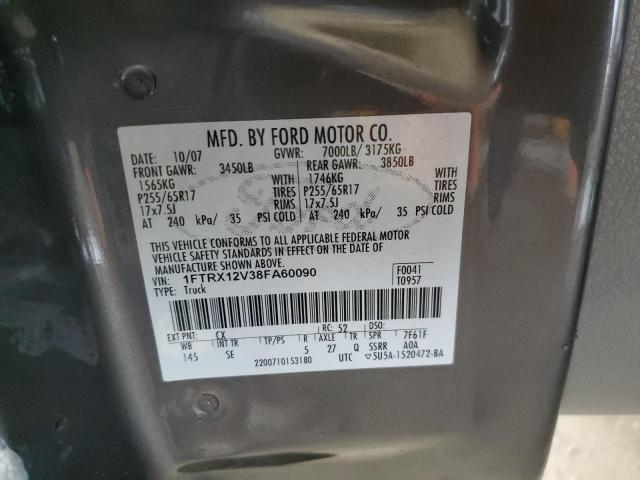 1FTRX12V38FA60090 - 2008 FORD F150 GRAY photo 10