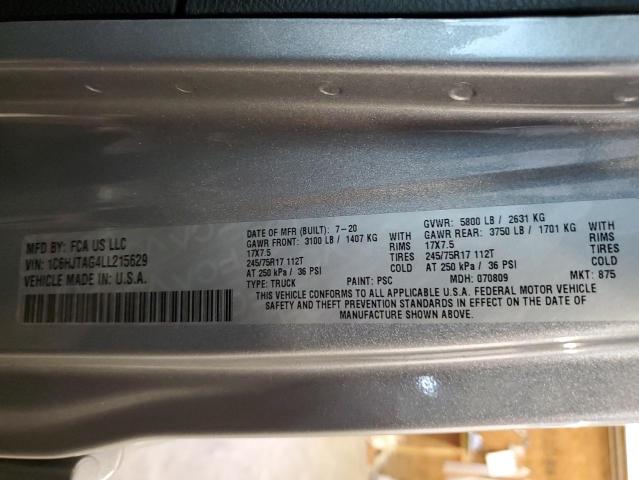 1C6HJTAG4LL215629 - 2020 JEEP GLADIATOR SILVER photo 10