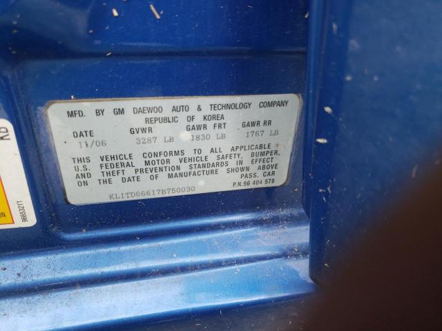 KL1TD66617B750030 - 2007 CHEVROLET AVEO BASE BLUE photo 10