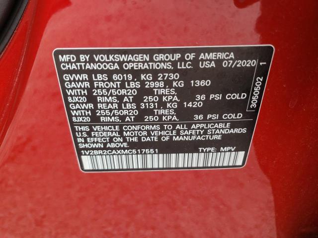 1V2BR2CAXMC517551 - 2021 VOLKSWAGEN ATLAS SEL Qırmızı foto 10