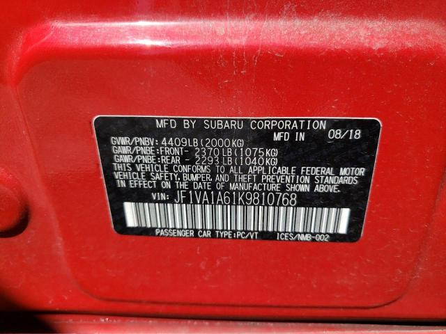 JF1VA1A61K9810768 - 2019 SUBARU WRX RED photo 10