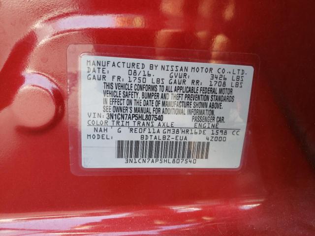 3N1CN7AP5HL807540 - 2017 NISSAN VERSA S RED photo 10