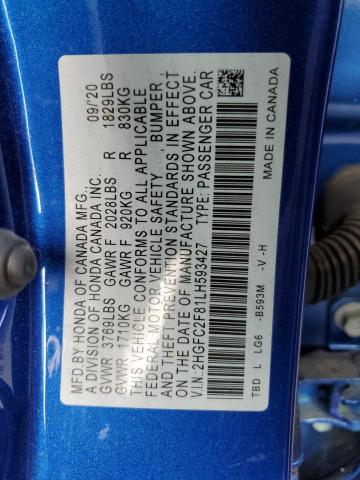 2HGFC2F81LH593427 - 2020 HONDA CIVIC SPOR BLUE photo 10