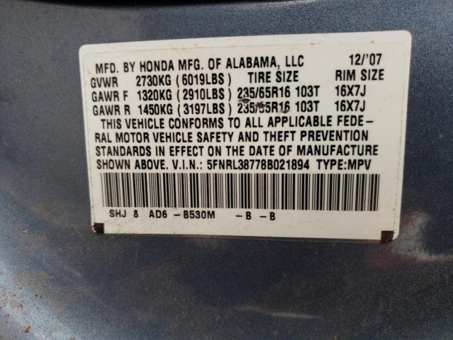 5FNRL38778B021894 - 2008 HONDA ODYSSEY EX BLUE photo 10