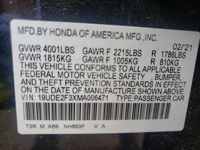 19UDE2F3XMA006471 - 2021 ACURA ILX Чорний фото 10