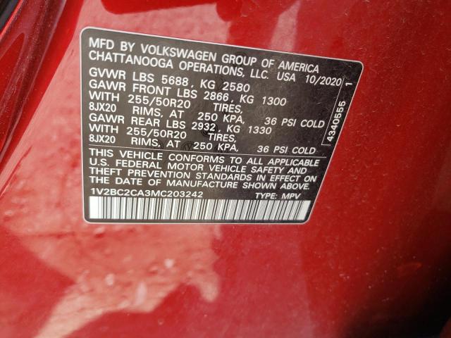 1V2BC2CA3MC203242 - 2021 VOLKSWAGEN ATLAS CROS Красный фото 10