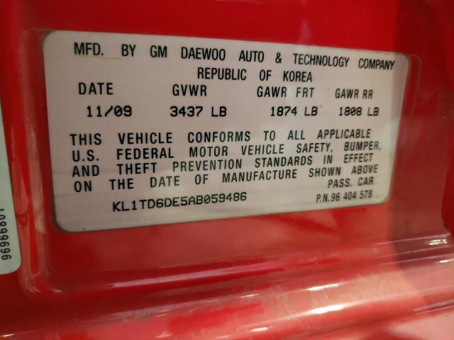 KL1TD6DE5AB059486 - 2010 CHEVROLET AVEO LS 红色 照片 10