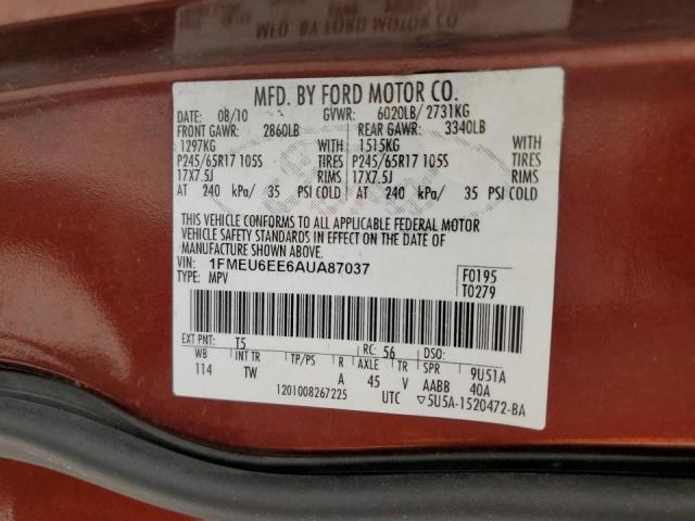 1FMEU6EE6AUA87037 - 2010 FORD EXPLORER E BURGUNDY photo 10