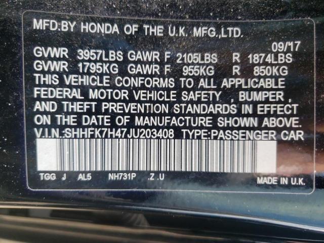 SHHFK7H47JU203408 - 2018 HONDA CIVIC SPOR 黑色 照片 10