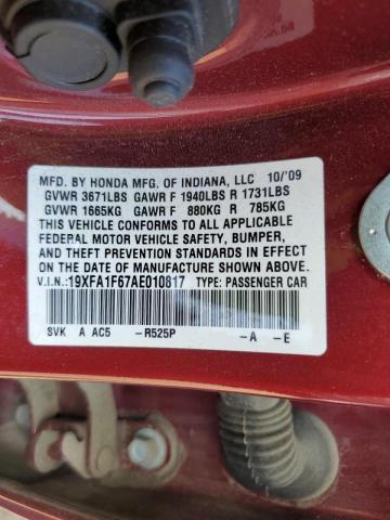 19XFA1F67AE010817 - 2010 HONDA CIVIC LX-S მუქწითელი ფოტო 10