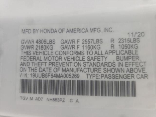 19UUB5F64MA005269 - 2021 ACURA TLX ADVANC WHITE photo 10