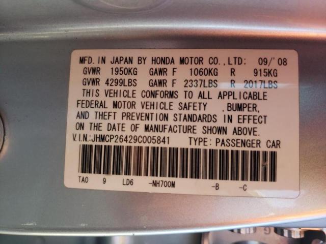 JHMCP26429C005841 - 2009 HONDA ACCORD LXP SILVER photo 10