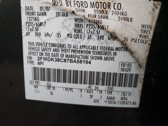 2FMDK38C87BA58194 - 2007 FORD EDGE CHARCOAL photo 10