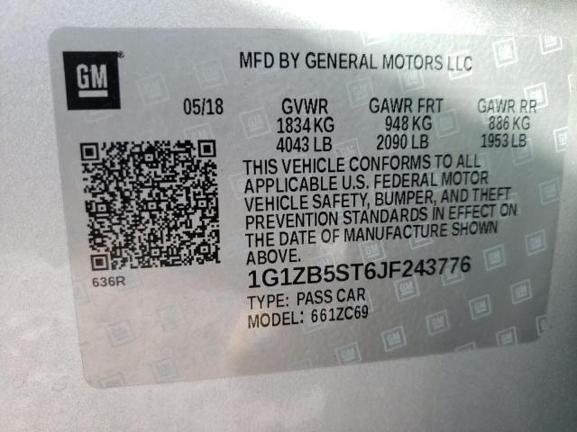 1G1ZB5ST6JF243776 - 2018 CHEVROLET MALIBU LS SILVER photo 10