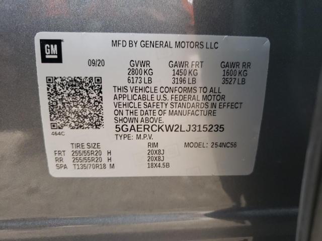 5GAERCKW2LJ315235 - 2020 BUICK ENCLAVE PR GRAY photo 10