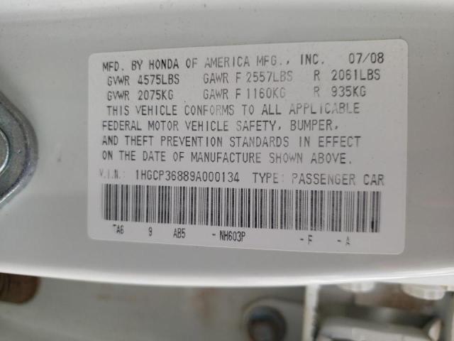 1HGCP36889A000134 - 2009 HONDA ACCORD EXL WHITE photo 10