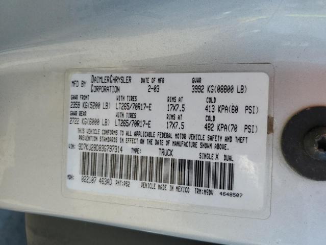 3D7KU28D83G797314 - 2003 DODGE RAM 2500 S Արծաթագույն լուսանկար 10