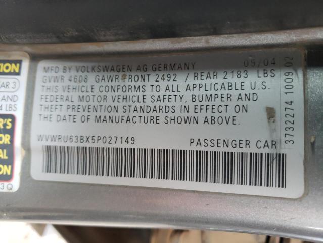 WVWRU63BX5P027149 - 2005 VOLKSWAGEN PASSAT GLX Boz foto 10