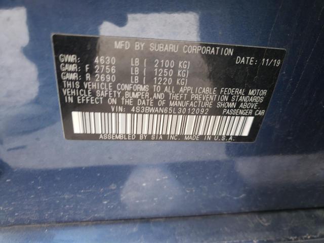 4S3BWAN65L3012092 - 2020 SUBARU LEGACY LIM BLUE photo 10