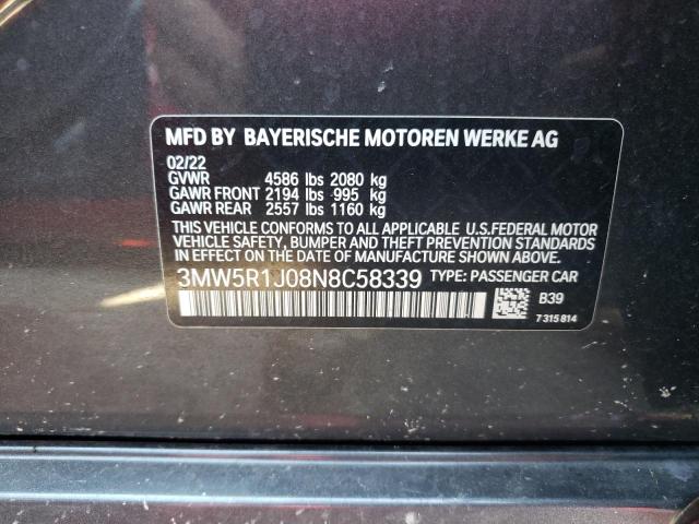 3MW5R1J08N8C58339 - 2022 BMW 330I CHARCOAL photo 10