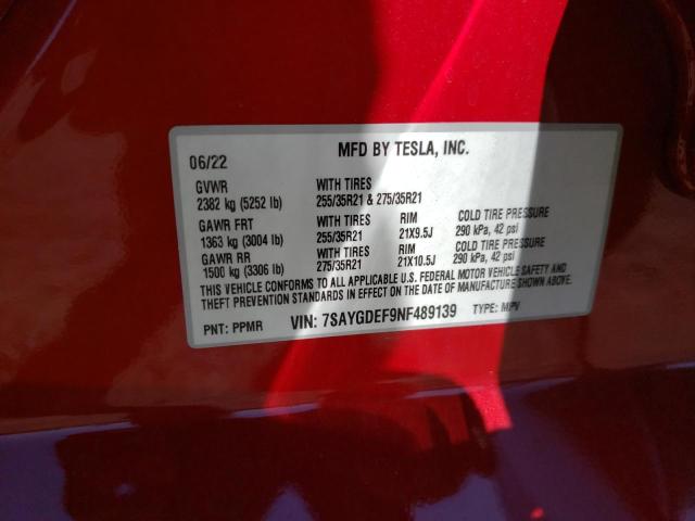 7SAYGDEF9NF489139 - 2022 TESLA MODEL Y أحمر صورة 10