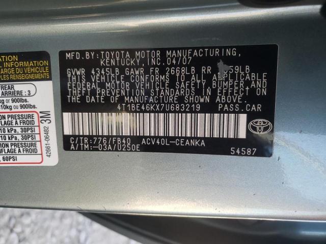 4T1BE46KX7U683219 - 2007 TOYOTA CAMRY CE BLUE photo 10