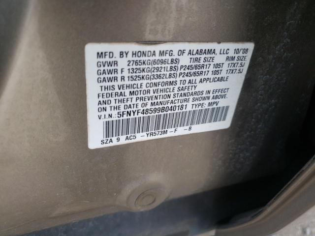 5FNYF48599B040181 - 2009 HONDA PILOT BEIGE photo 10