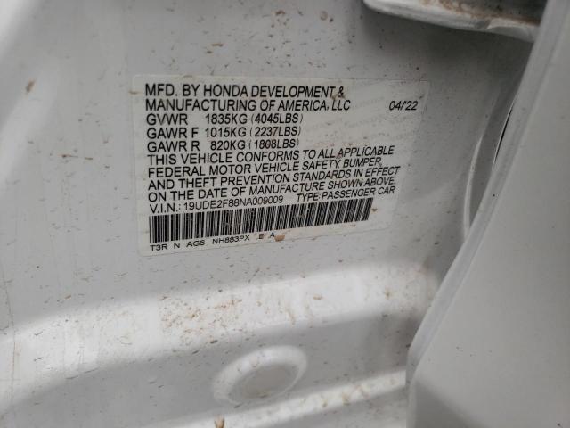 19UDE2F88NA009009 - 2022 ACURA ILX PREMIU WHITE photo 10