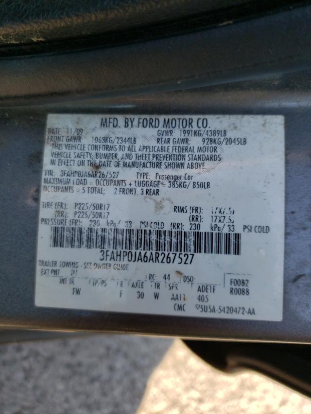 3FAHP0JA6AR267527 - 2010 FORD FUSION SEL GRAY photo 10