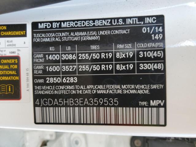 4JGDA5HB3EA359535 - 2014 MERCEDES-BENZ ML 350 4MA WHITE photo 10