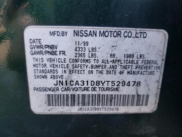 JN1CA31D8YT529478 - 2000 NISSAN MAXIMA GLE GREEN photo 10