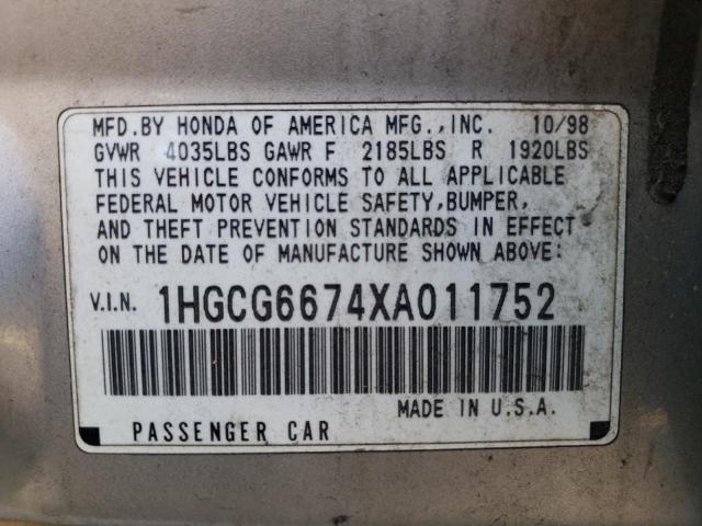 1HGCG6674XA011752 - 1999 HONDA ACCORD EX SILVER photo 10