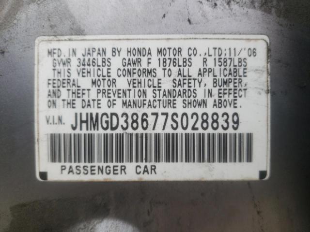 JHMGD38677S028839 - 2007 HONDA FIT S SILVER photo 10