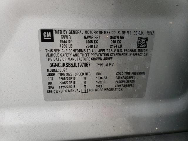 3GNCJKSB5JL197067 - 2018 CHEVROLET TRAX LS SILVER photo 10