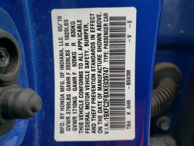 19XFC2F8XKE039747 - 2019 HONDA CIVIC SPOR BLUE photo 10