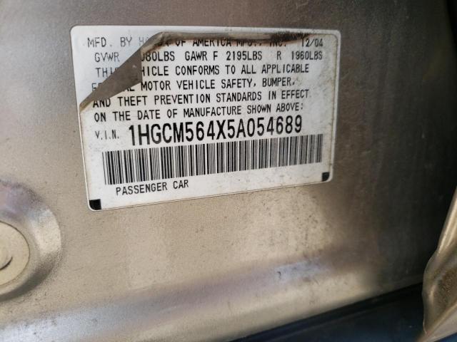 1HGCM564X5A054689 - 2005 HONDA ACCORD LX  photo 10