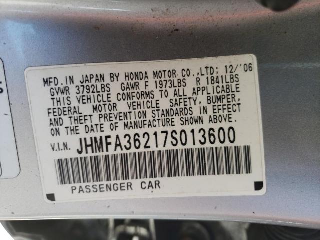 JHMFA36217S013600 - 2007 HONDA CIVIC HYBR SILVER photo 10