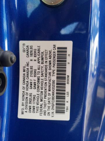 2HGFC3B34KH352590 - 2019 HONDA CIVIC EX BLUE photo 10