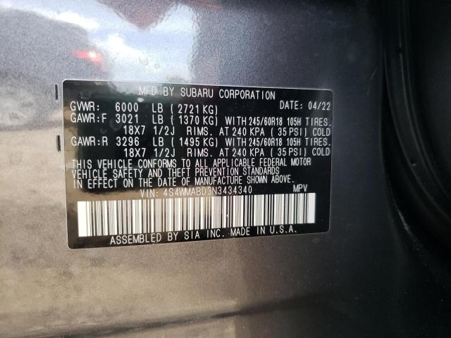 4S4WMABD3N3434340 - 2022 SUBARU ASCENT PRE GRAY photo 10