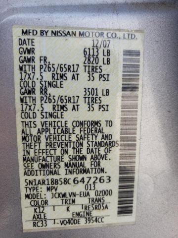 5N1AR18B58C647263 - 2008 NISSAN PATHFINDER SILVER photo 10