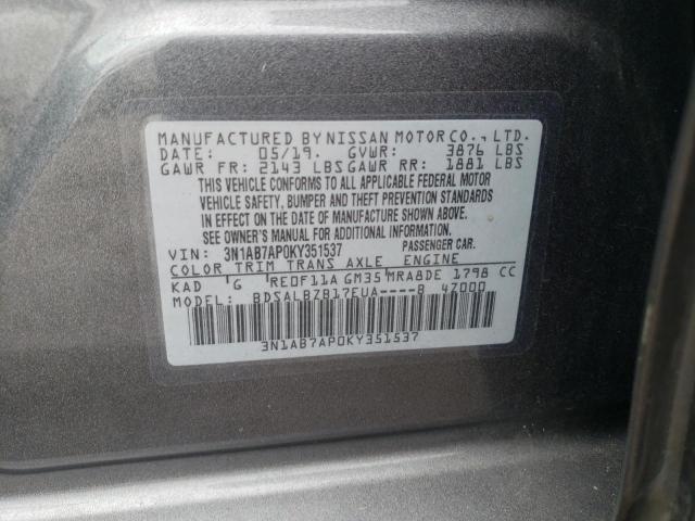 3N1AB7AP0KY351537 - 2019 NISSAN SENTRA S GRAY photo 10